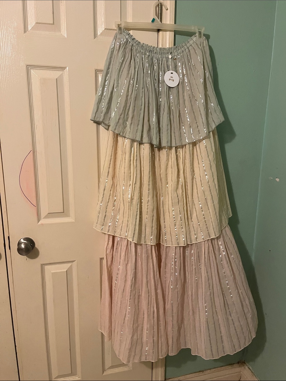 Anthropologie Tiered Maxi Skirt in Mint, Cream & Blush